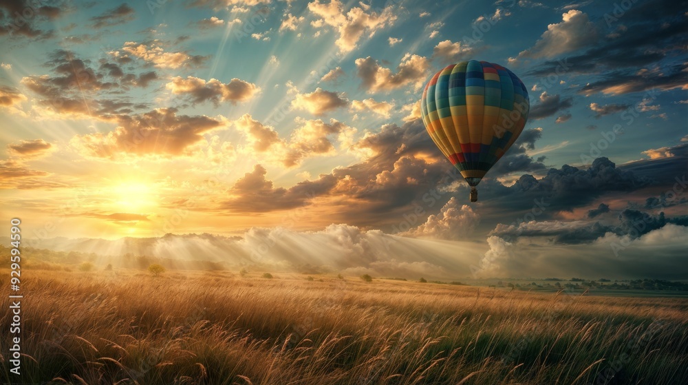 Obraz premium A colorful hot air balloon soaring over golden wheat fields during a breathtaking sunrise, with rays of light piercing through clouds..