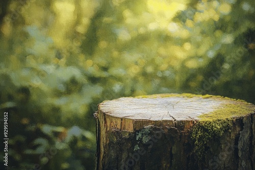 Tree Stump with Vibrant Green Foliage on a Sunny Day. Jungle Brush Stroke Oil Painting Background