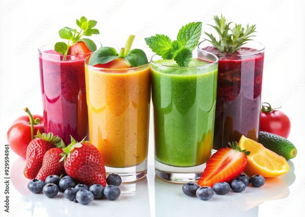 Vibrant arrangement of four healthy smoothies made with fresh fruits and vegetables, creatively layered and garnished, isolated on a clean white background. Vibrant arrangement of four healthy smoothies made with fresh fruits and vegetables, creatively layered and garnished, isolated on a clean white background.