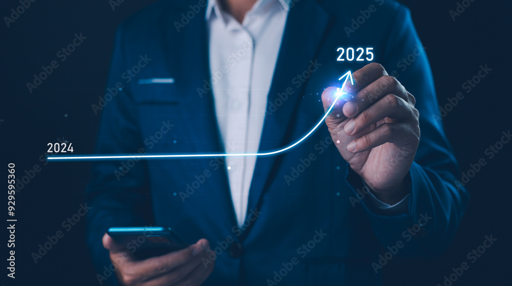 2024 to 2025 business financial plan market concept, performance of profit growth on 2024, education trend up finance on growth graph money revenue, Businessman analyzes profitability of working.