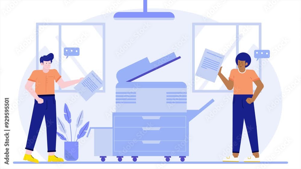 Two colleagues stand by a copier exchanging printed documents illustration business animated video Two colleagues stand by a copier exchanging printed documents illustration business animated video