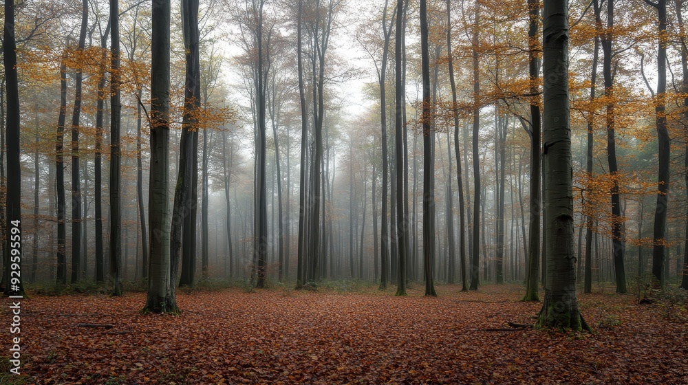 Obraz premium A misty forest scene with tall trees and autumn leaves covering the ground.