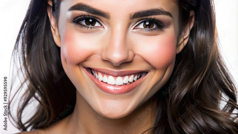 a closeup photo portrait of a beautiful young mexican model woman smiling with clean teeth. used for a dental ad. isolated on white background a closeup photo portrait of a beautiful young mexican model woman smiling with clean teeth. used for a dental ad. isolated on white background