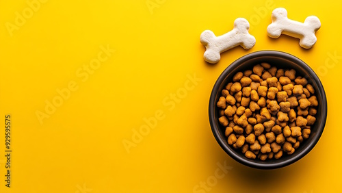 Dog food in a bowl isolated on yellow background.