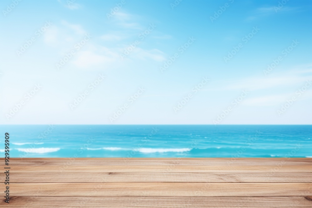 Wooden Tabletop Overlooking Sea Beach and Blue Sky, Sunny Day with Fluffy White Clouds for Product Presentation