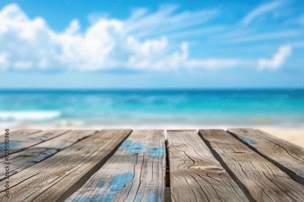 Fototapeta premium Wooden Tabletop Overlooking Sea Beach and Blue Sky, Sunny Day with Fluffy White Clouds for Product Presentation