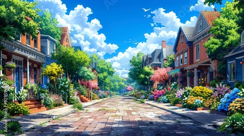 A Colorful Street Lined with Brick Houses and Lush Greenery