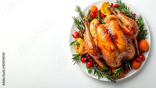 Turkey dinner on Thanksgiving. Roast turkey on holiday dinner table on white background.