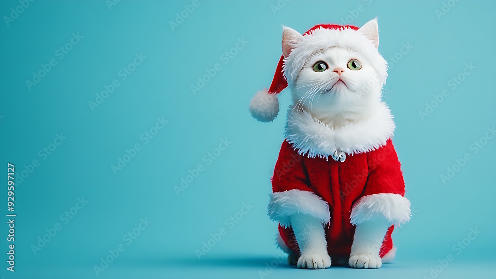 White cat wearing Santa hat on light blue background. Christmas concept. Happy New Year. Copy space. White cat wearing Santa hat on light blue background. Christmas concept. Happy New Year. Copy space.