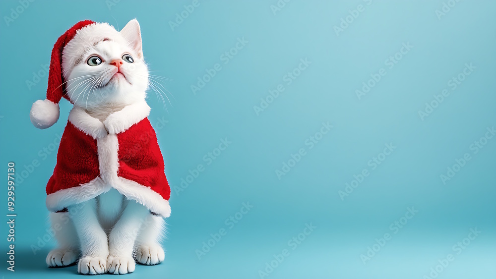 White cat wearing Santa hat on light blue background. Christmas concept. Happy New Year. Copy space.