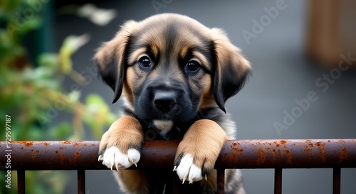 Dog peers through the metal bars of cage, symbolizing the plight of animals in shelters awaiting adoption, highlighting the need for charity support and the compassionate work of volunteers   photo