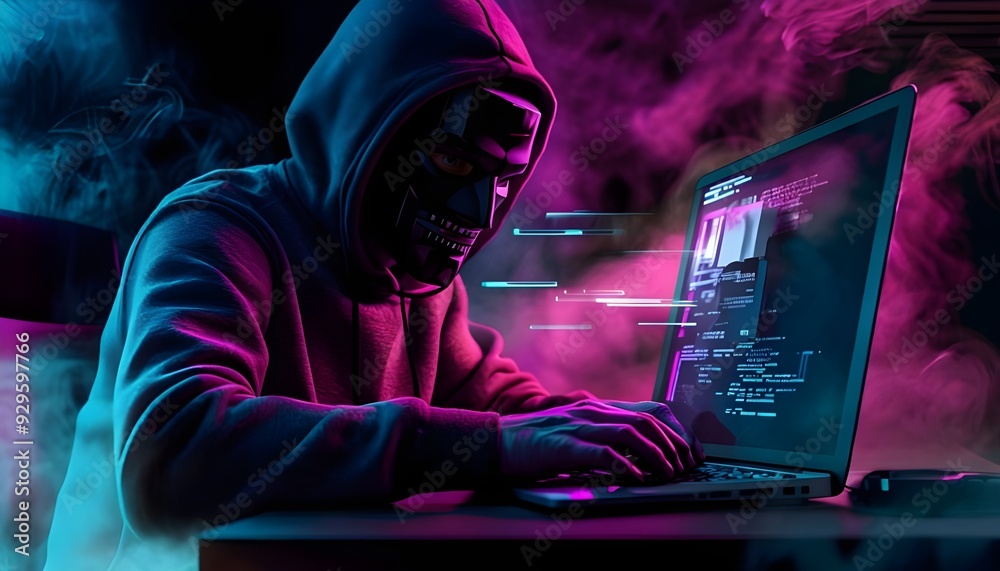 hacker man typing on laptop, hacking computer system. male in mask and pullover. unrecognizable incognito male sit in hood and try to breach the security of laptop system. neon smoke in background hacker man typing on laptop, hacking computer system. male in mask and pullover. unrecognizable incognito male sit in hood and try to breach the security of laptop system. neon smoke in background