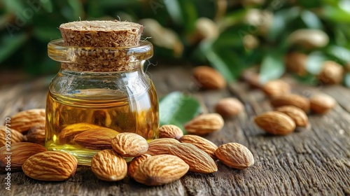 Healthy and pure almond oil on a wooden table photo