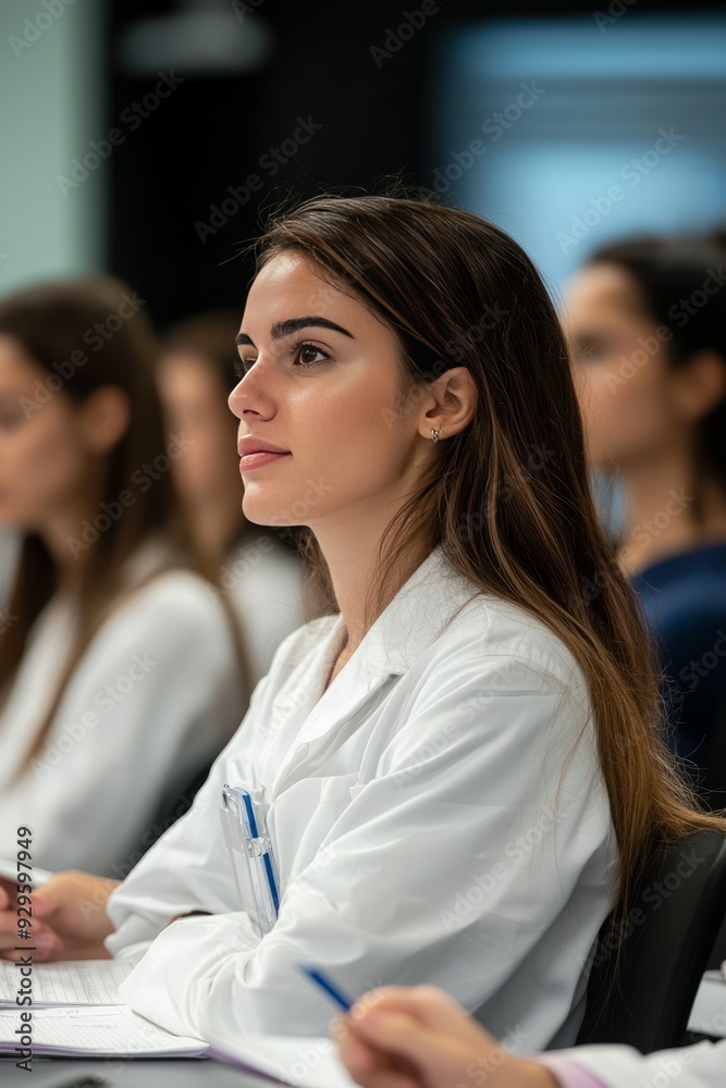 Medical students attending a lecture on pathology. They are taking notes and listening to the professor Medical students attending a lecture on pathology. They are taking notes and listening to the professor
