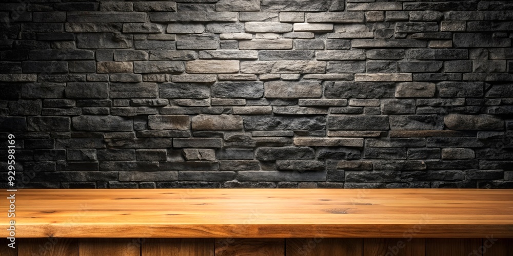 Wooden table against black stone wall background Wooden table against black stone wall background