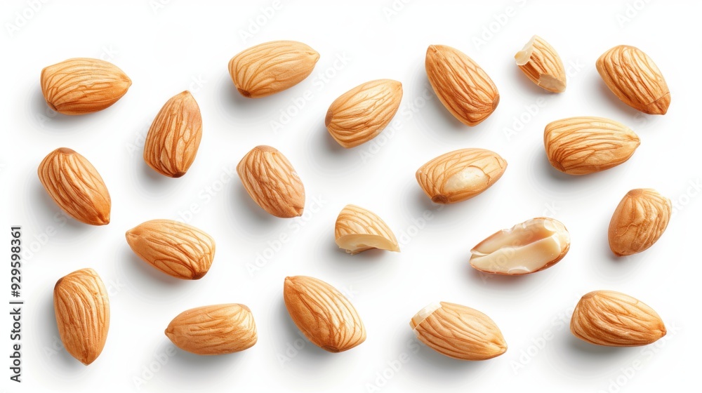 Scattered whole and half almonds on a white background Scattered whole and half almonds on a white background