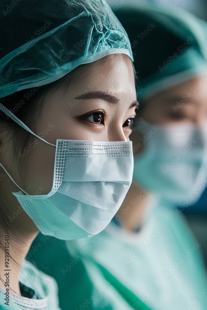 Medical students observing a surgical procedure in an operating room. They are wearing masks and scrubs, watching closely Medical students observing a surgical procedure in an operating room. They are wearing masks and scrubs, watching closely