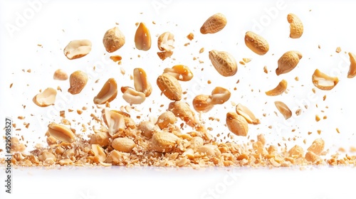 Dried peanuts floating in the air on a white background