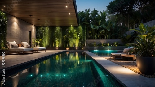 Architectural exterior design of lush green backyard of a palace, dark moody theme, crystal clear swimming pool filled with water of a house 