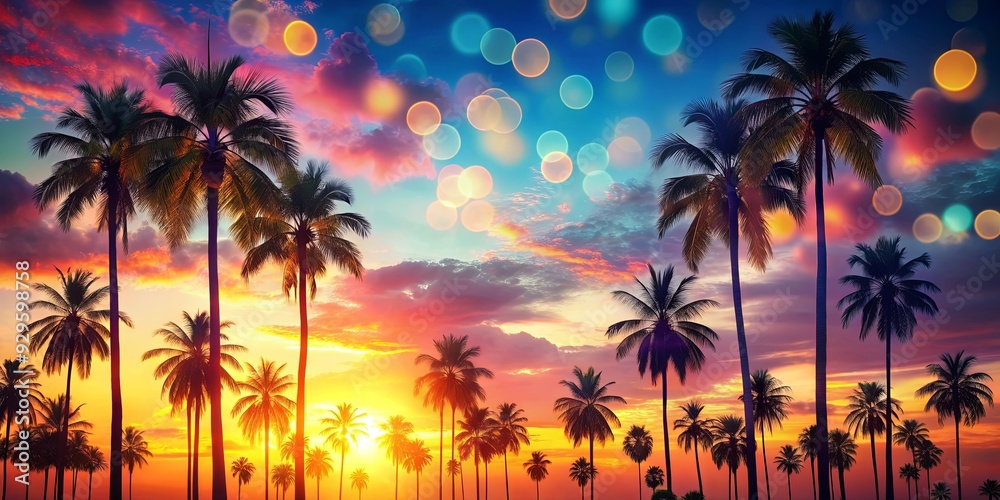 Vibrant background with palm trees, colorful sunset sky and bokeh effect, perfect for summer travel advertising or holiday tourism Vibrant background with palm trees, colorful sunset sky and bokeh effect, perfect for summer travel advertising or holiday tourism