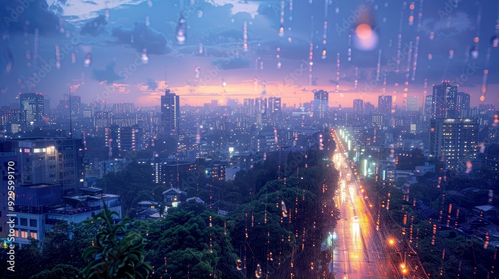 Cityscape Through Rain-Streaked Window at Dusk Cityscape Through Rain-Streaked Window at Dusk