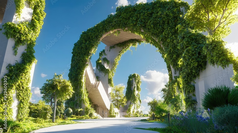 Fototapeta premium A 3D building designed as a large, ivy-covered arch, blending with nature, set against a bright blue sky, no people.