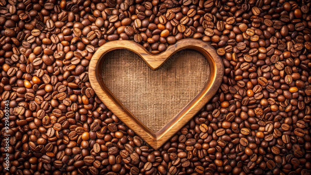 Heart-shaped frames outline a warm, textured backdrop of freshly roasted coffee beans, providing a cozy atmosphere with ample copy space for text or graphics. Heart-shaped frames outline a warm, textured backdrop of freshly roasted coffee beans, providing a cozy atmosphere with ample copy space for text or graphics.