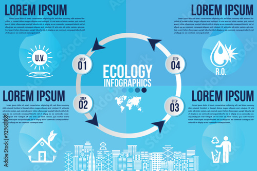 Infographic eco water blue design elements process 4 steps or options parts with drop of water. Ecology organic nature vector business template for presentation.