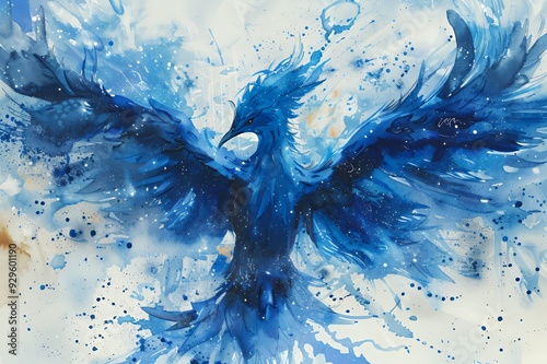 A vibrant blue phoenix emerging from a splash of watercolor, symbolizing rebirth and creativity. photo