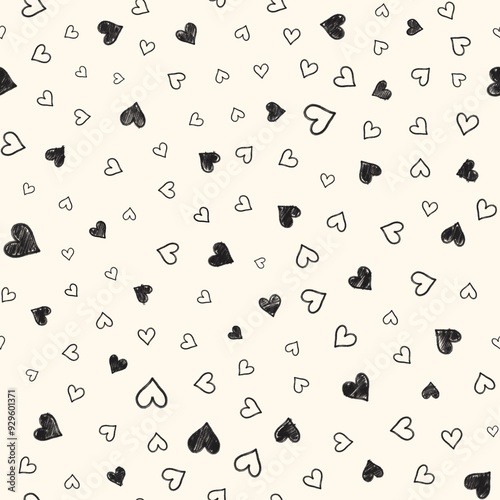A lot of black and white hearts on a white background, minimalism, beige background, background image, kid, sketch black and white colors. valentine.