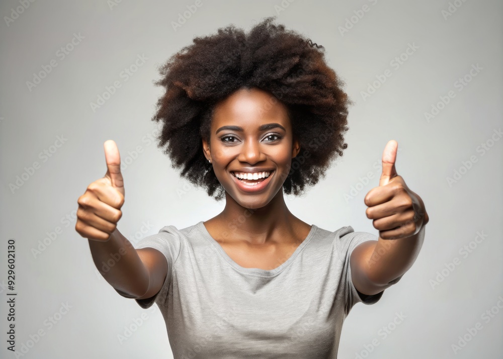 Beautiful happy African American lady with thumb up; isolated on light gray background and space for the text.
