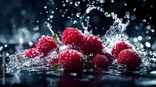 Raspberries with splashes and water drops