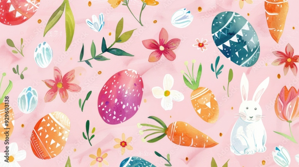Happy Easter gouache illustrations of eggs, bunnies, and tulips, perfect for greeting cards or backgrounds. Happy Easter gouache illustrations of eggs, bunnies, and tulips, perfect for greeting cards or backgrounds.