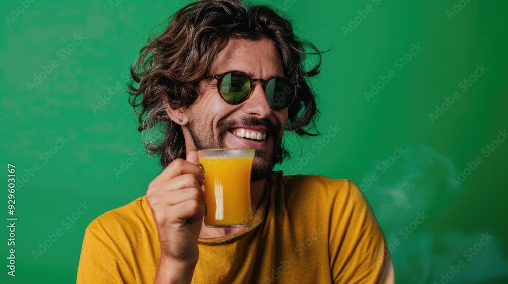 Good-looking man holding a ginger ale mug, set against a green backdrop. Good-looking man holding a ginger ale mug, set against a green backdrop.
