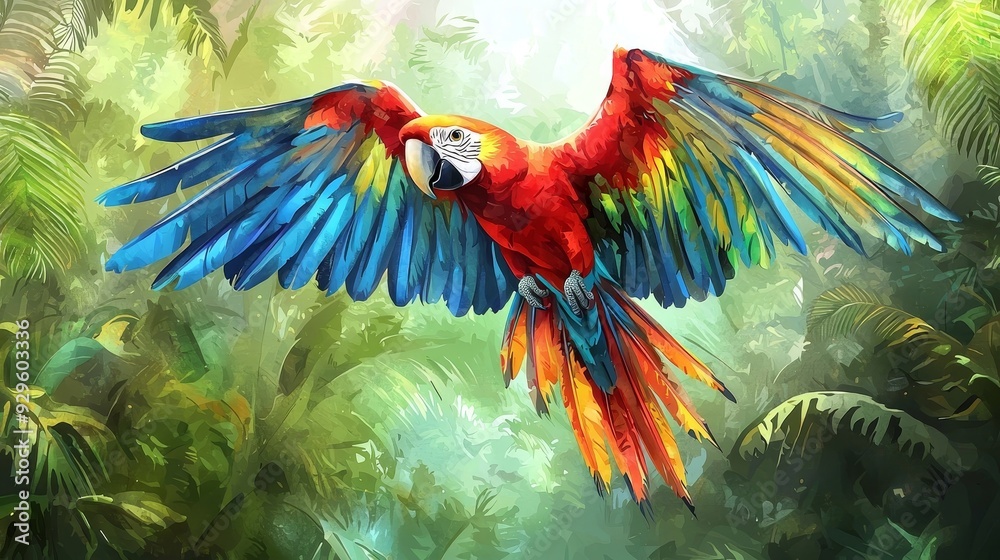 Fototapeta premium Watercolor parrot with vibrant feathers, flying through a tropical jungle.
