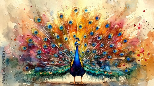 Watercolor peacock with a fully spread tail, displaying vibrant feathers.