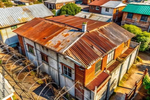 Aerial view of a humble residential house in a low-income neighborhood with rusted corrugated iron roofing and protective concertina wire on the walls. photo