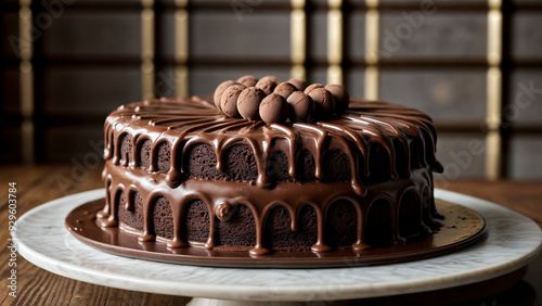 A rich chocolate cake adorned with glossy ganache and spherical decorations sits on a wooden table against a patterned backdrop, evoking indulgence and craftsmanship. photo