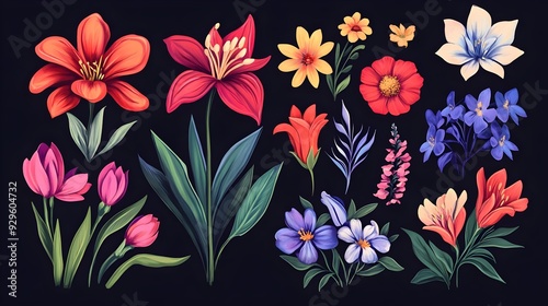 Set with spring garden flowers