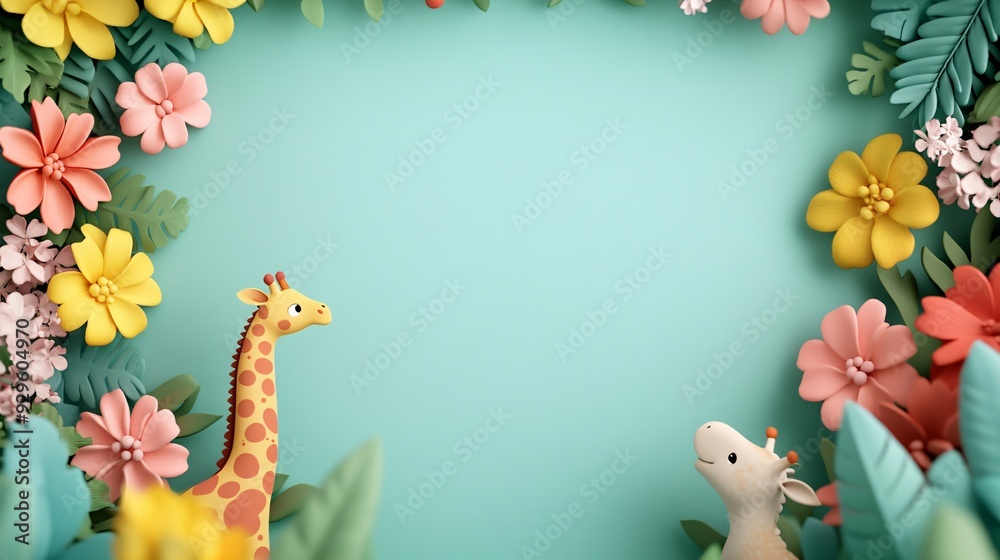 Fototapeta premium A giraffe and two other animals are standing in a field of flowers