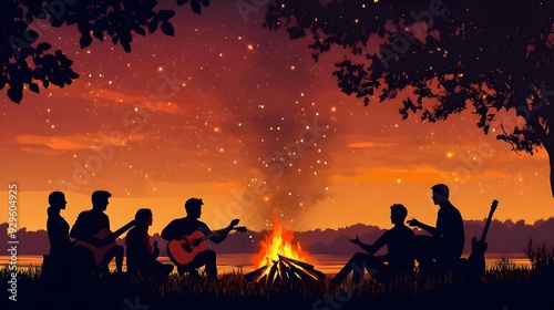 Silhouettes of people having fun around a bonfire
