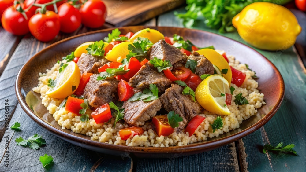 Vibrant plate of couscous, steamed semolina grains served with tender lamb, colorful bell peppers, and juicy tomatoes, garnished with fresh parsley and lemon wedges. Vibrant plate of couscous, steamed semolina grains served with tender lamb, colorful bell peppers, and juicy tomatoes, garnished with fresh parsley and lemon wedges.