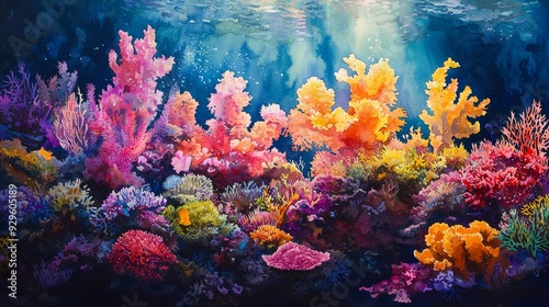 Watercolor coral garden teeming with life, with bright, vibrant colors and soft edges.