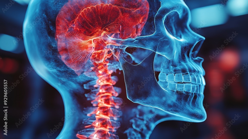 An Xray of the human skull and cervical spine with 0192 body, anatomy ...