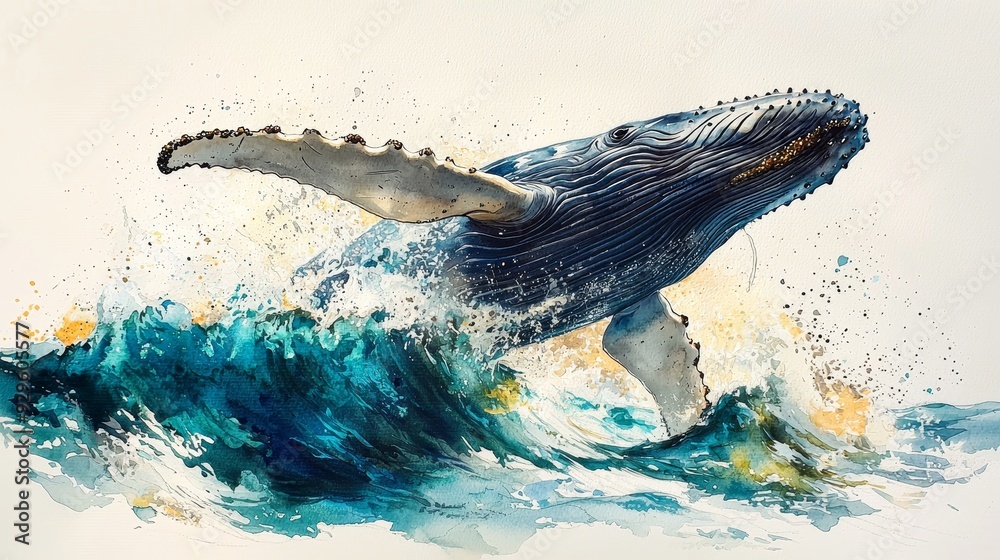 Watercolor humpback whale breaching the ocean surface, with powerful ...