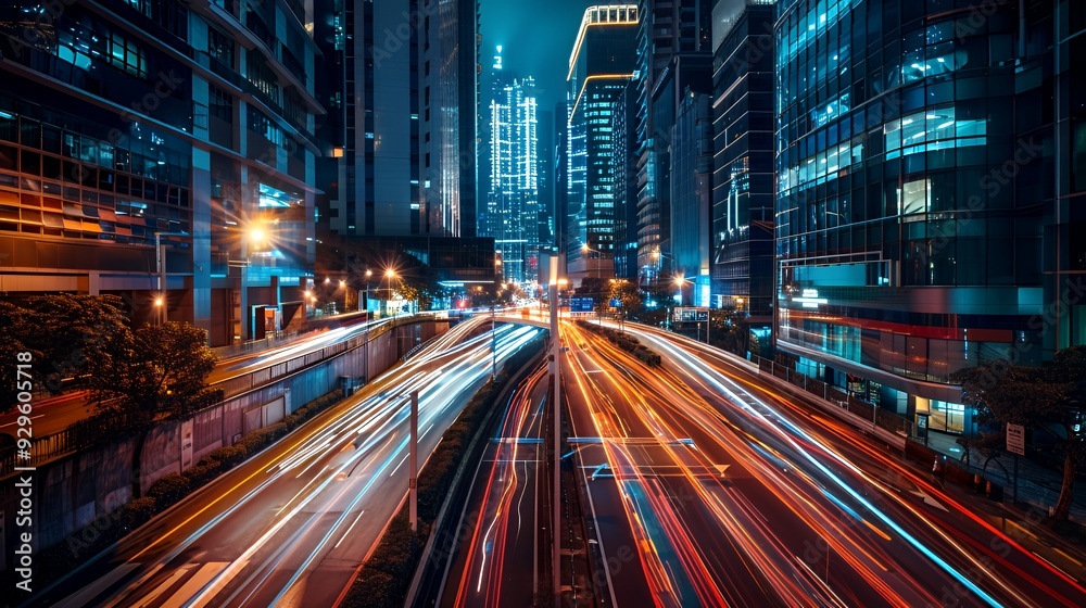 A vibrant cityscape at night showcasing light trails from moving vehicles amidst skyscrapers. A vibrant cityscape at night showcasing light trails from moving vehicles amidst skyscrapers.