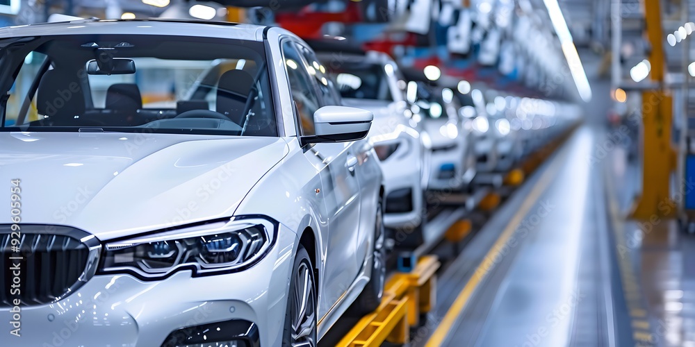 Mass production assembly line of modern cars in a busy factory Mass production assembly line of modern cars in a busy factory