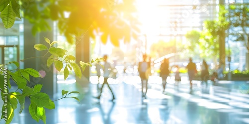 Blurred background of people walking in a modern office building with green trees and sunlight , eco friendly and ecological responsible business concept image with copy space