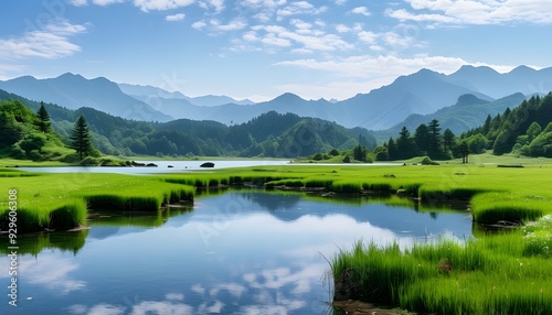 The scenery of Shennongjia Dajiu Lake National Wetland Park is a green grassland and clear lake, and in the distance are rolling mountains. photo