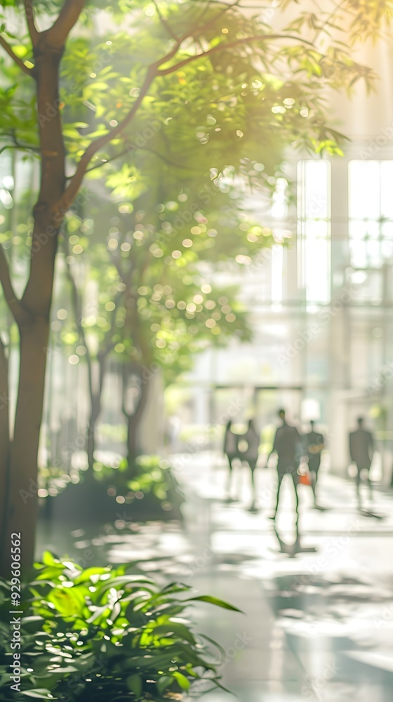 Blurred background of people walking in a modern office building with green trees and sunlight , eco friendly and ecological responsible business concept image with copy space Blurred background of people walking in a modern office building with green trees and sunlight , eco friendly and ecological responsible business concept image with copy space
